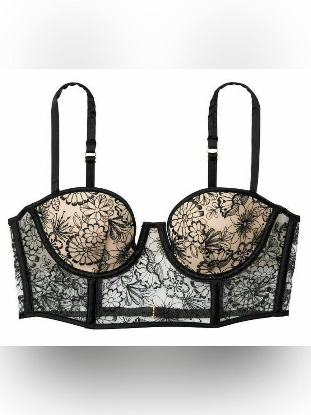 Victoria’s Secret Floral Embroidered Bustier Bra Rhinestone Black 34B